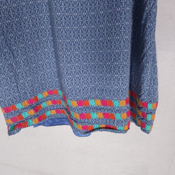 THML Blue White Geometric Print Sleeveless Dress XS Embroidered Trim Lined Boho - Picture 10 of 12